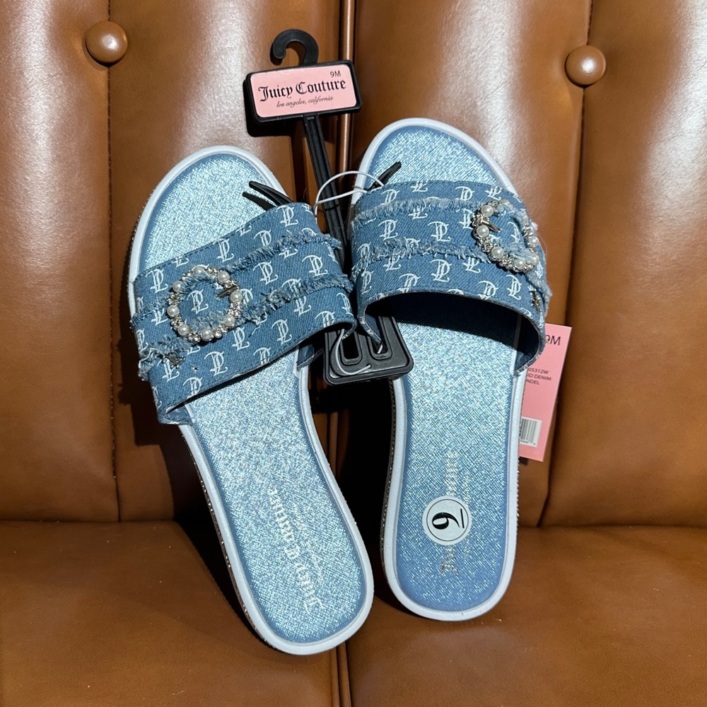 Juicy Couture Denim Rhinestone Slide Sandals